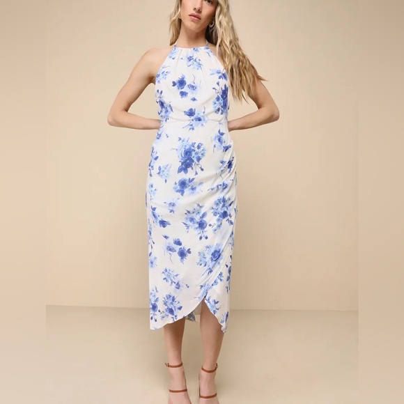 NWT Lulus Blooming Favorite White and Blue Floral Tulip Halter Midi Dress XS - Picture 1 of 5